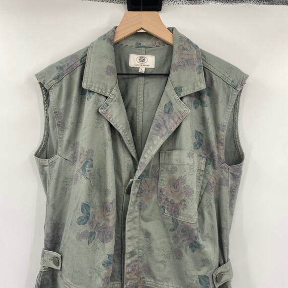 Lucky Brand X Laura Ashley Coverall Romper Floral Denim Cinch Waist Green  Large - Picture 4 of 9